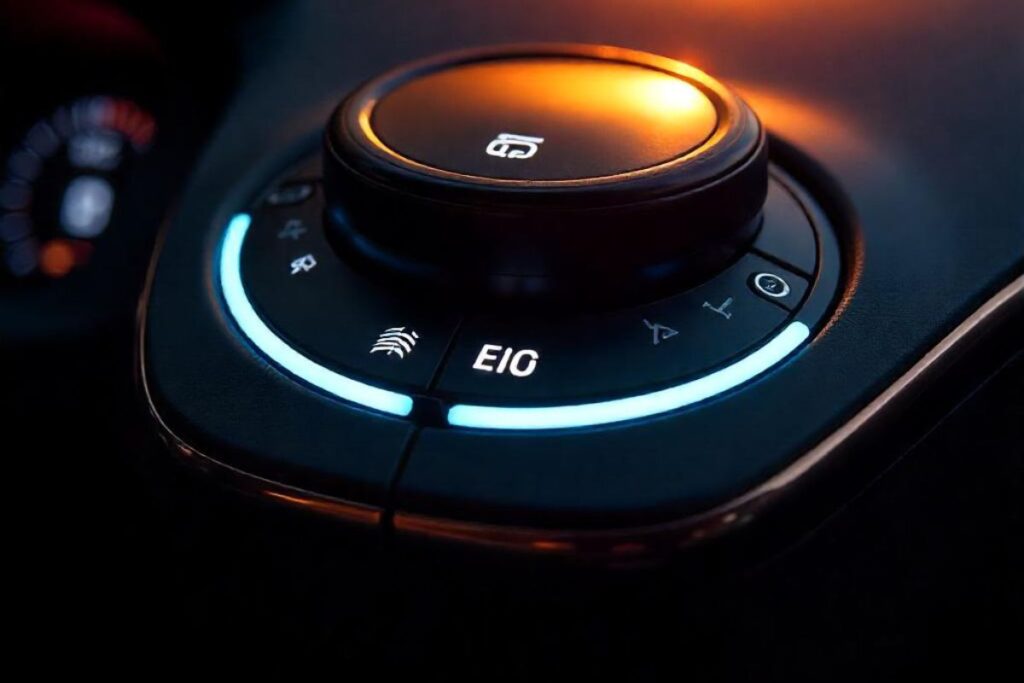 Seletor de marchas rotativo iluminado em azul e botões de controle no console de um carro moderno.
