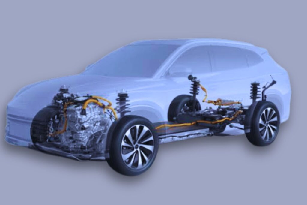 Esquema técnico do interior de um carro elétrico BYD com sistema visível