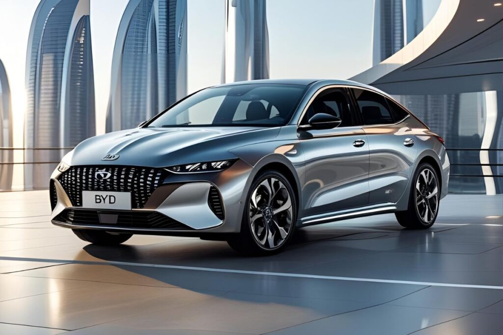 Sedã elétrico BYD prateado com design futurista em cenário moderno de arquitetura arrojada