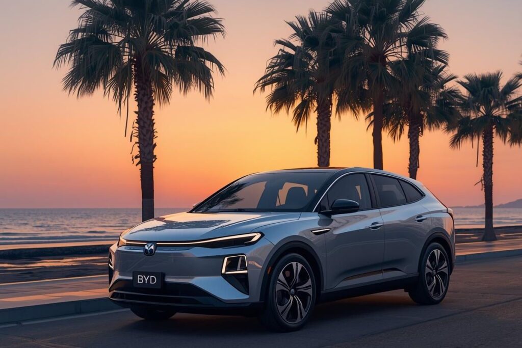 Carro elétrico BYD estacionado à beira-mar ao entardecer, representando mobilidade sustentável, silenciosa e integrada à energia limpa.