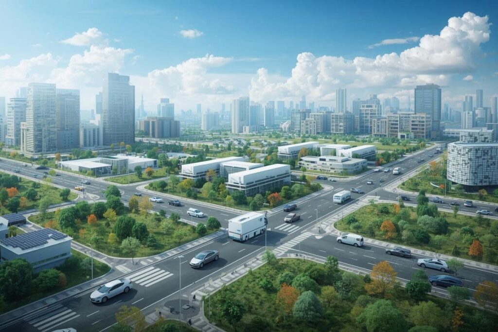 Cidade moderna com veículos elétricos circulando, representando mobilidade urbana sustentável integrada à energia limpa e áreas verdes.