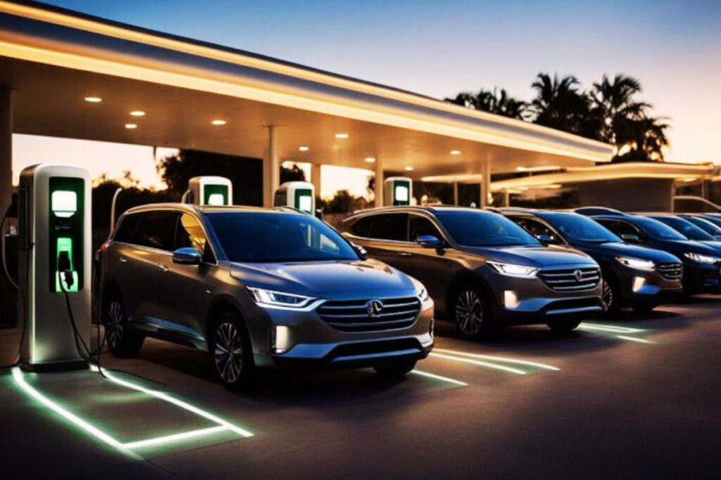 Carros elétricos BYD carregando em estação de recarga, mostrando uma integração.