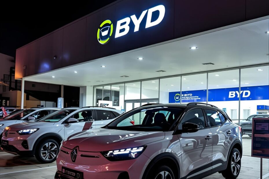 Showroom da BYD com carros elétricos expostos, representando uma nova mobilidade sustentável baseada em energia limpa e inovação urbana.