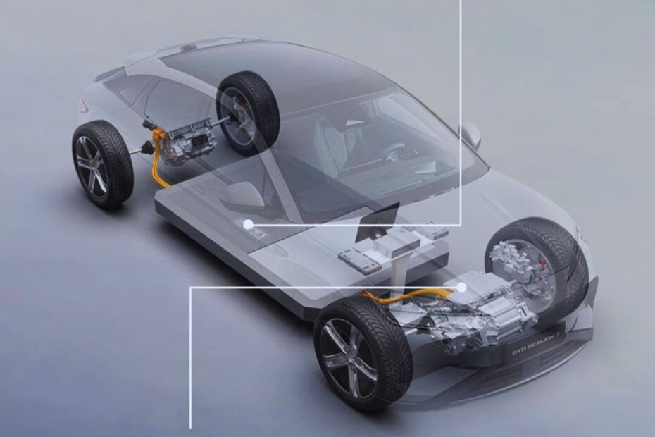 Diagrama em estilo raio-X mostrando a Blade Battery integrada ao chassi de um SUV elétrico da BYD.
